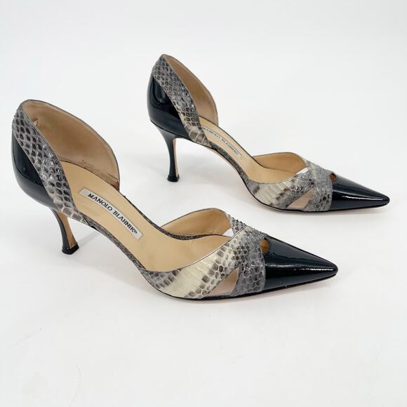 Manolo Blahnik Black Patent Snakeskin Plexi D’Orsay Pointed Toe Heels IT 40 - Picture 2 of 13